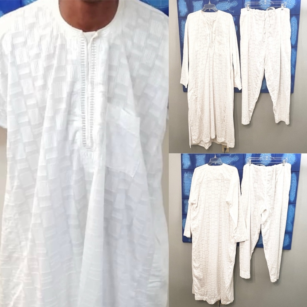 Men’s Traditional African Long Dashiki Pantset - Textured White Cotton